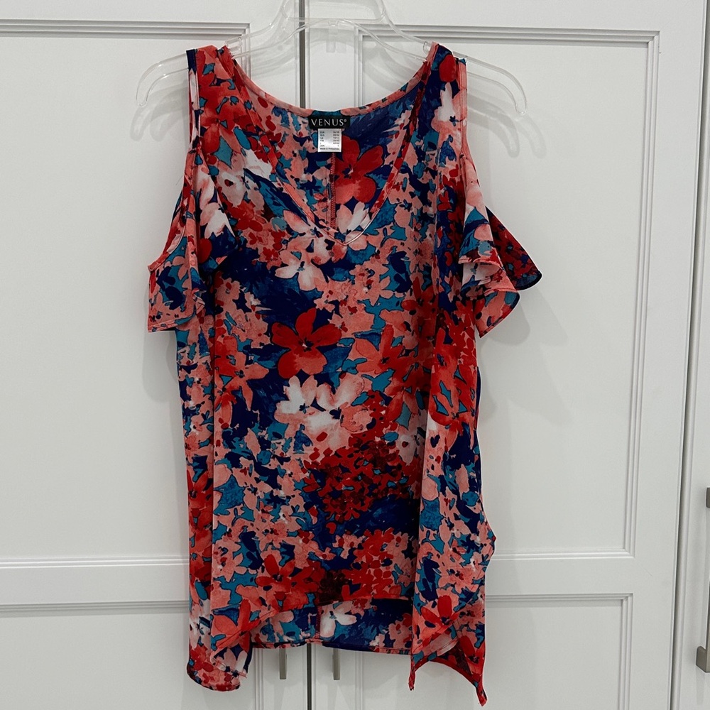 VENUS Women's Red and Blue Floral Cold Shoulder Blouse